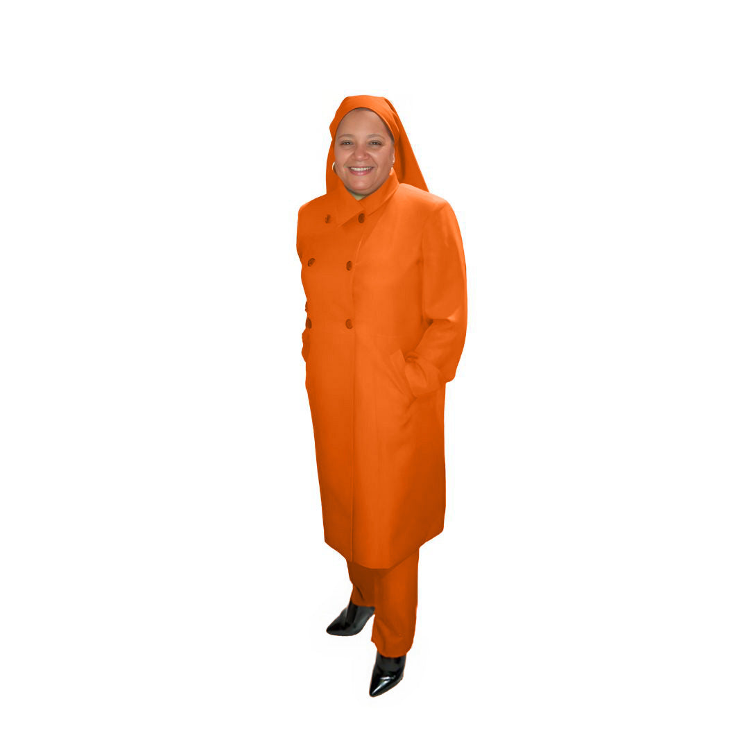 Full-body view of Leslie modeling the Leslie three-piece pumpkin spice garment from a tilted front and side angle, designed for Muslim sisters in the Nation of Islam who value women's modest clothing.
