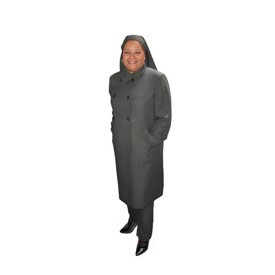 Full-body view of Leslie modeling the Leslie three-piece quiet shade garment from a tilted front and side angle, designed for Muslim sisters in the Nation of Islam who value women's modest clothing.