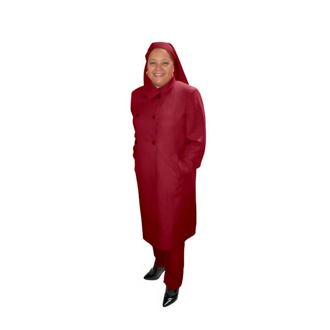 Full-body view of Leslie modeling the Leslie three-piece radiant ruby garment from a tilted front and side angle, designed for Muslim sisters in the Nation of Islam who value women's modest clothing.