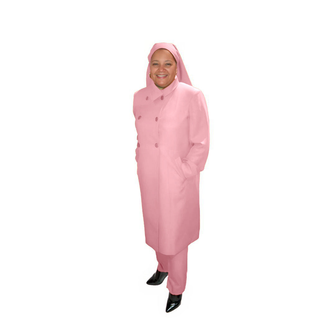 Full-body view of Leslie modeling the Leslie three-piece rosewater glow garment from a tilted front and side angle, designed for Muslim sisters in the Nation of Islam who value women's modest clothing.