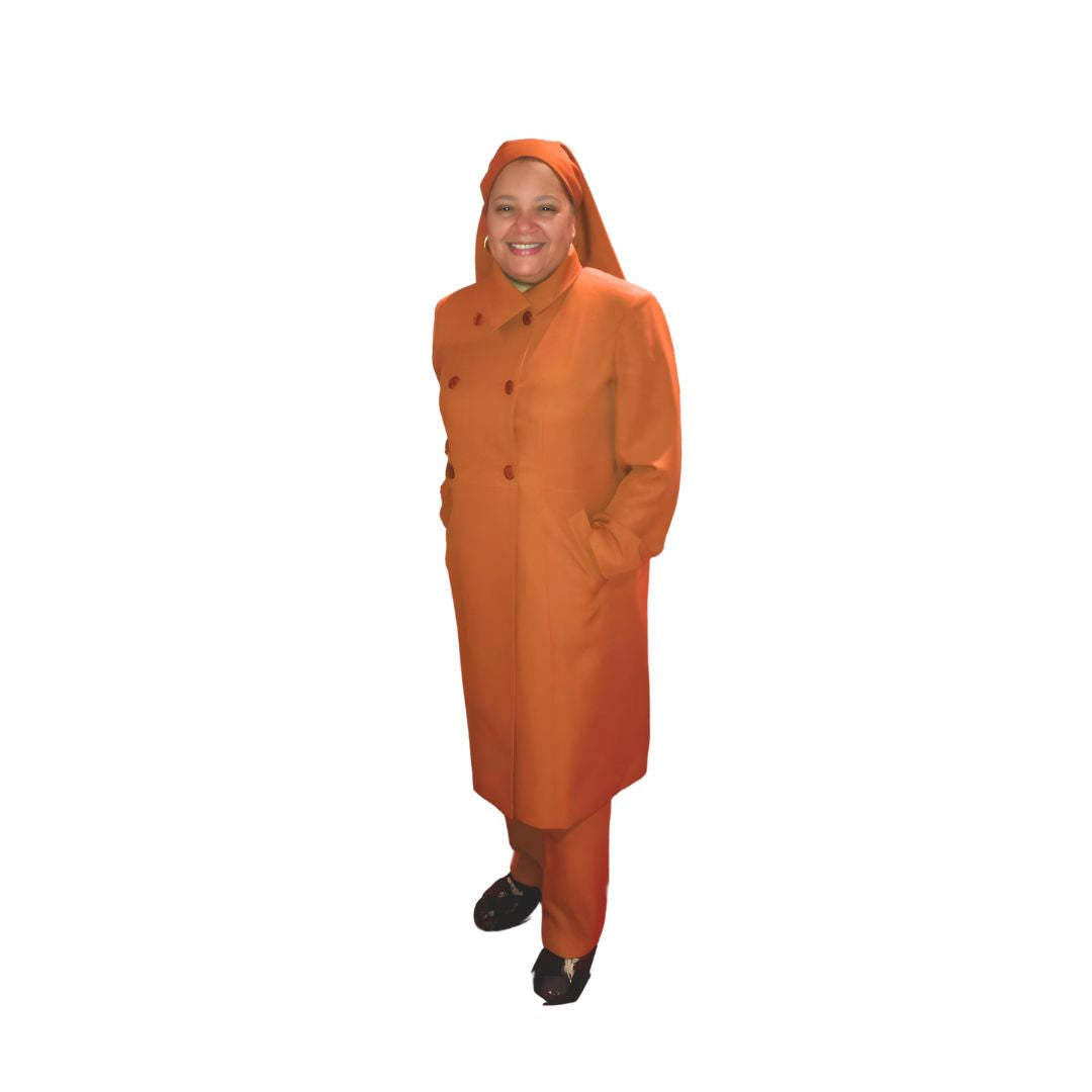 Full-body view of Leslie modeling the Leslie three-piece rust garment from a tilted front and side angle, designed for Muslim sisters in the Nation of Islam who value women's modest clothing.