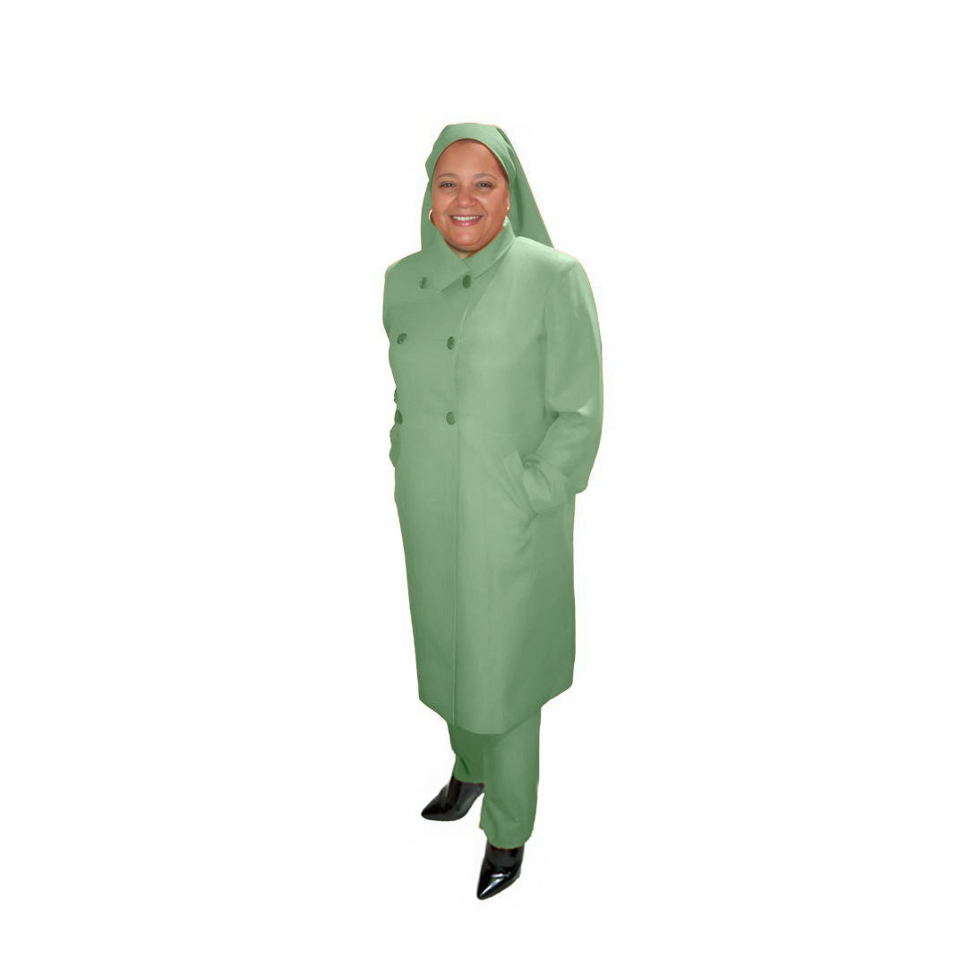 Full-body view of Leslie modeling the Leslie three-piece sage serenity garment from a tilted front and side angle, designed for Muslim sisters in the Nation of Islam who value women's modest clothing.