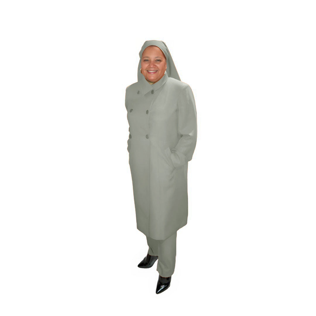Full-body view of Leslie modeling the Leslie three-piece soft stone garment from a tilted front and side angle, designed for Muslim sisters in the Nation of Islam who value women's modest clothing.