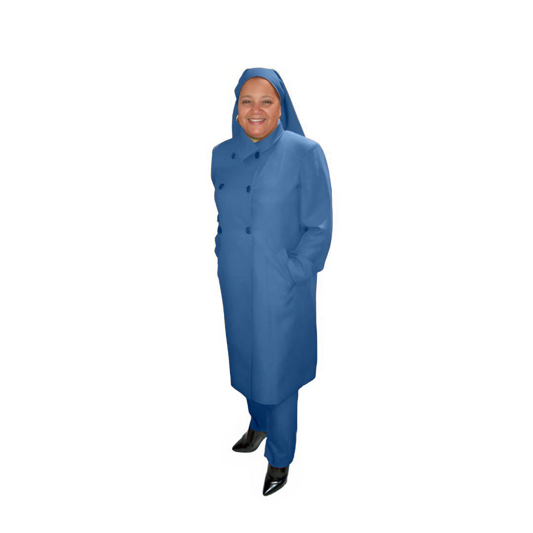 Full-body view of Leslie modeling the Leslie three-piece steel blue garment from a tilted front and side angle, designed for Muslim sisters in the Nation of Islam who value women's modest clothing.