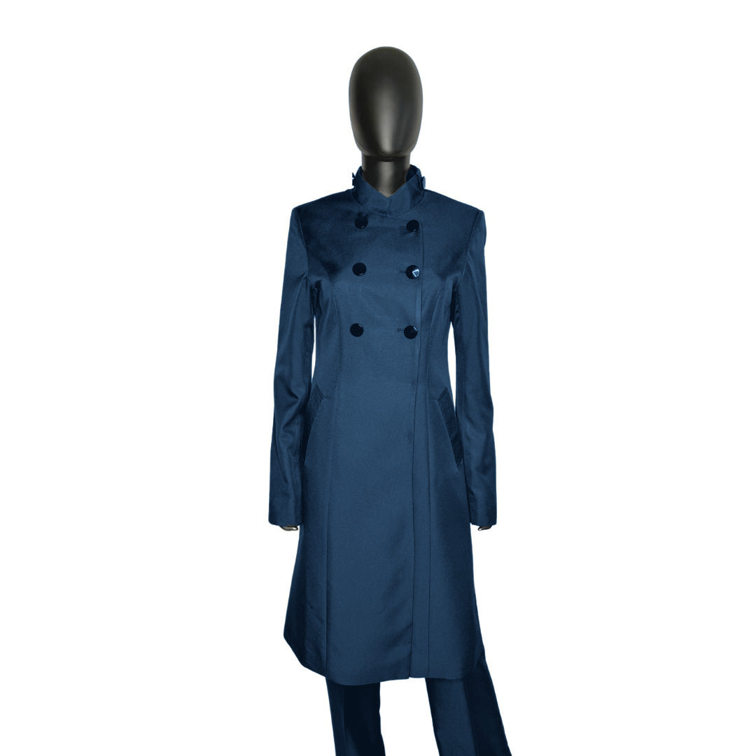 Whole body front view of the Queen three-piece blue onyx garment on a mannequin, designed for Muslim sisters in the Nation of Islam who value women's modest clothing.
