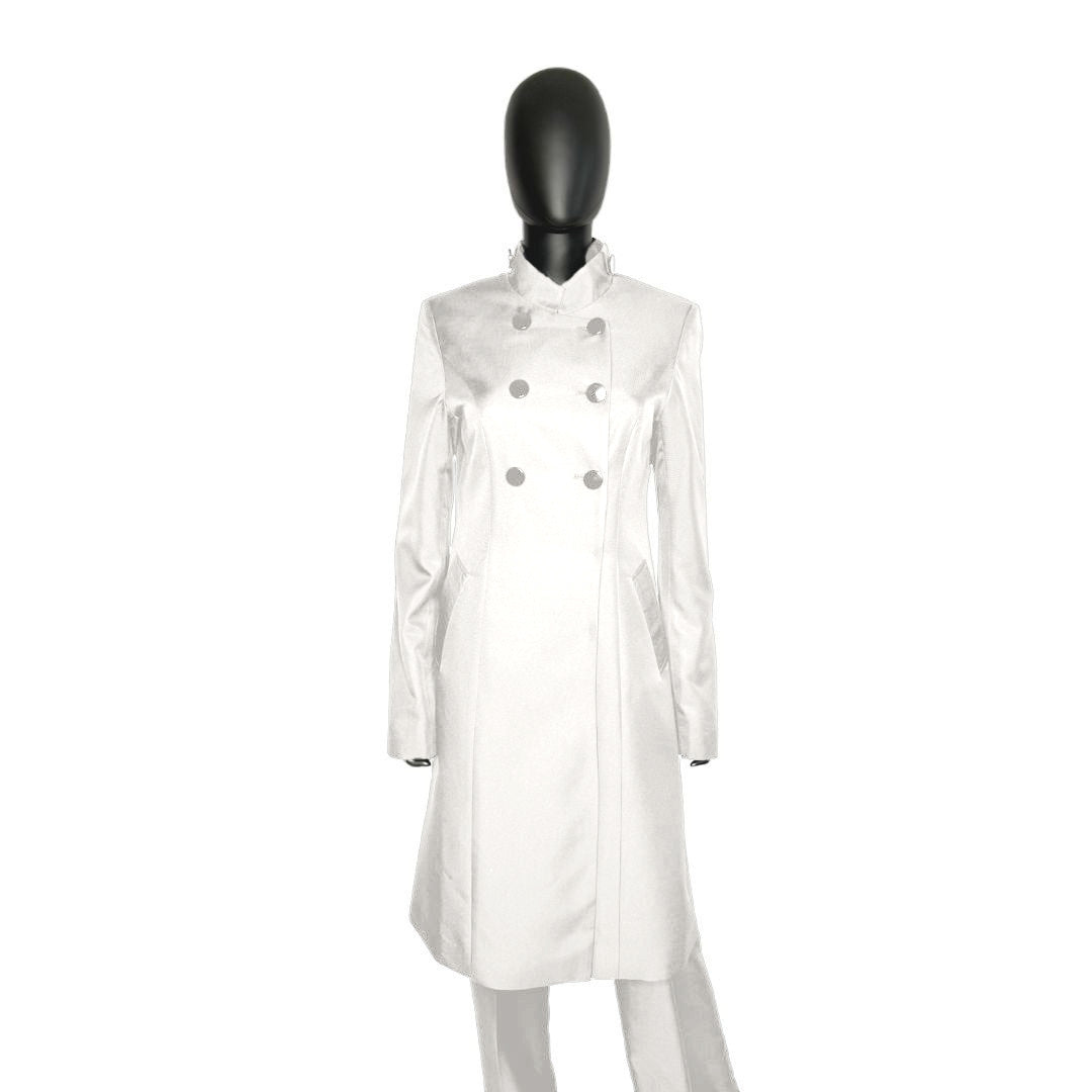 Whole body front view of the Queen three-piece brilliant white garment on a mannequin, designed for Muslim sisters in the Nation of Islam who value women's modest clothing.
