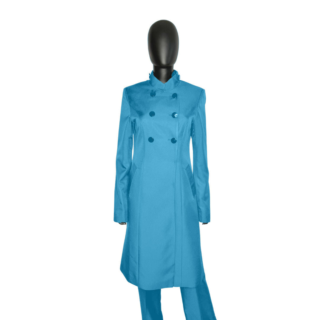 Whole body front view of the Queen three-piece cerulean blue garment on a mannequin, designed for Muslim sisters in the Nation of Islam who value women's modest clothing.