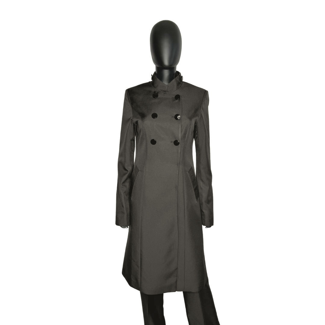 Whole body front view of the Queen three-piece charcoal grove garment on a mannequin, designed for Muslim sisters in the Nation of Islam who value women's modest clothing.