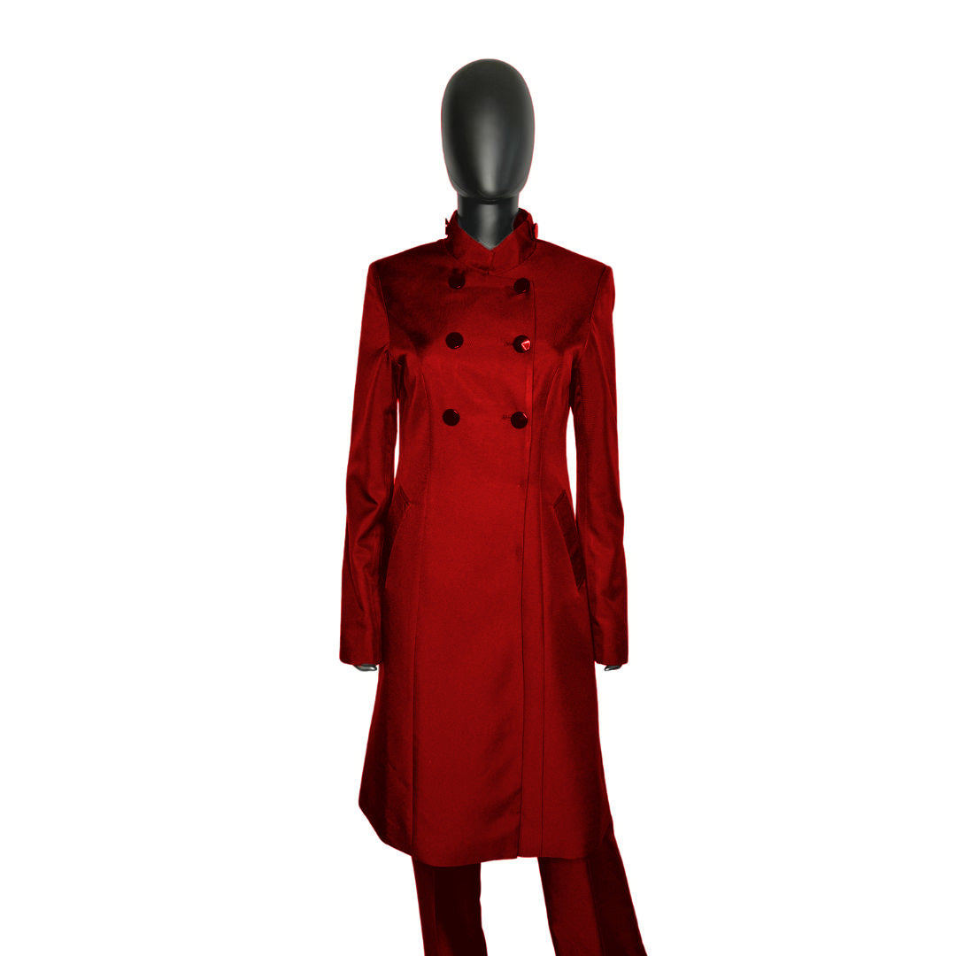 Whole body front view of the Queen three-piece crimson embrace garment on a mannequin, designed for Muslim sisters in the Nation of Islam who value women's modest clothing.