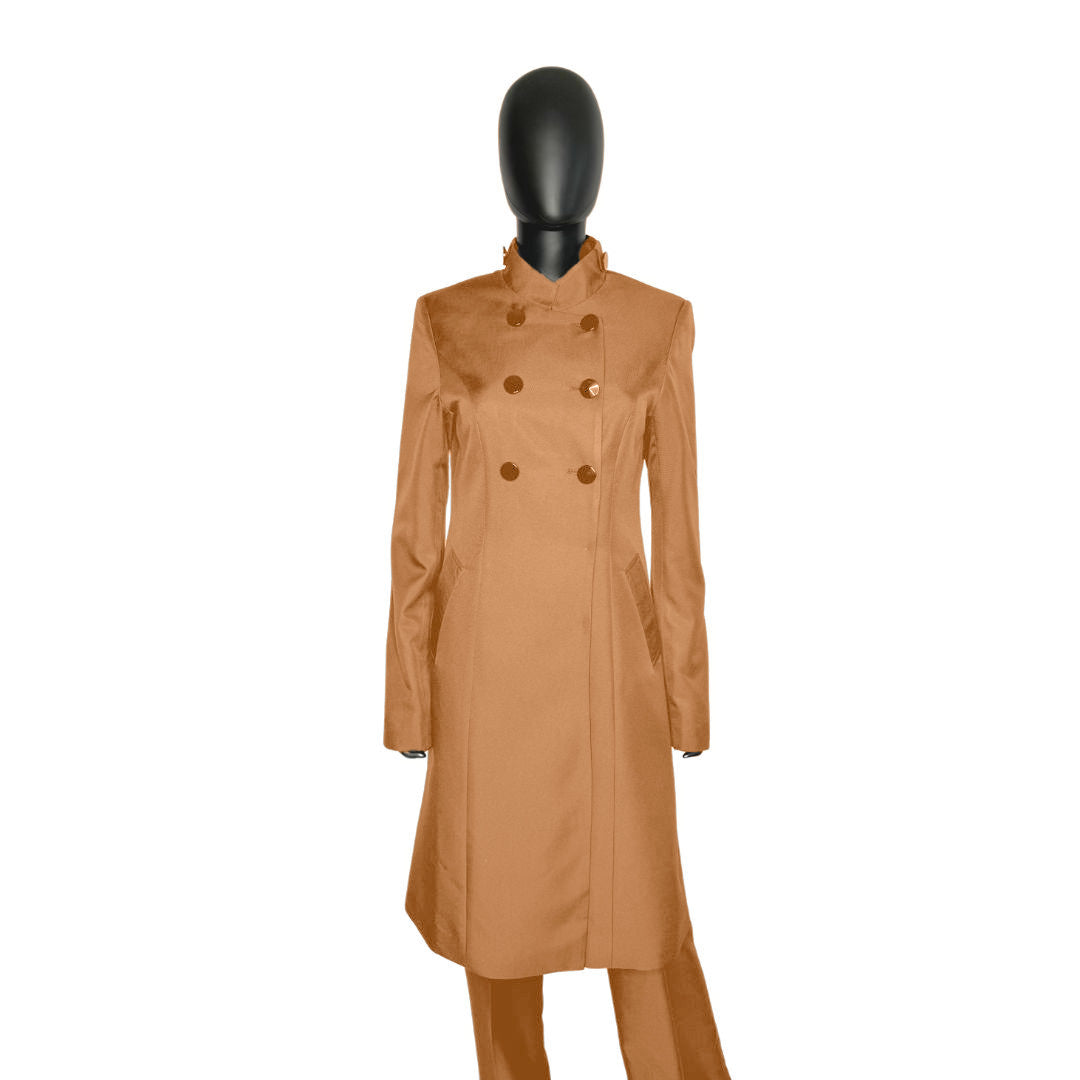 Whole body front view of the Queen three-piece desert peach garment on a mannequin, designed for Muslim sisters in the Nation of Islam who value women's modest clothing.