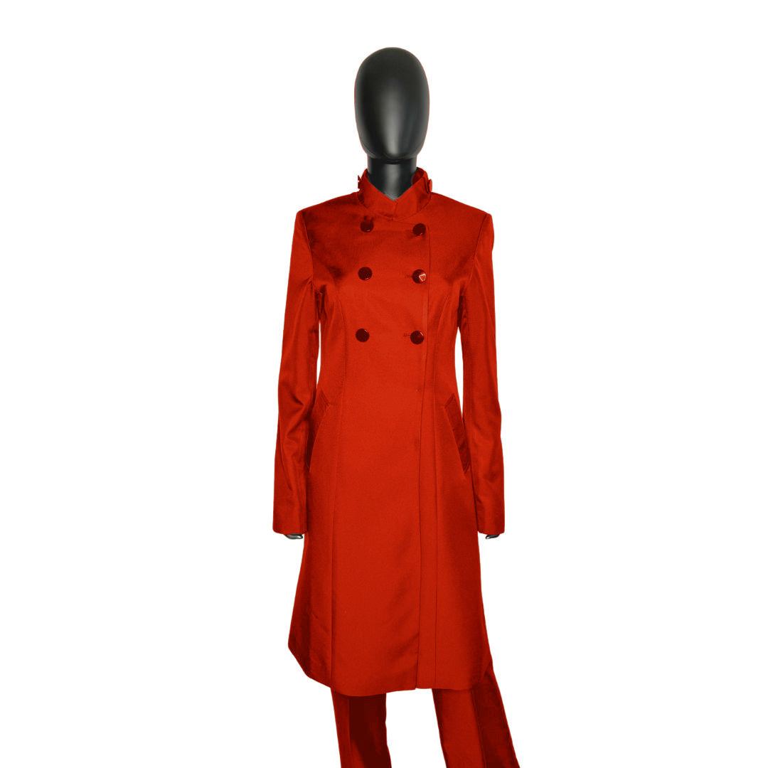 Whole body front view of the Queen three-piece fiery coral garment on a mannequin, designed for Muslim sisters in the Nation of Islam who value women's modest clothing.