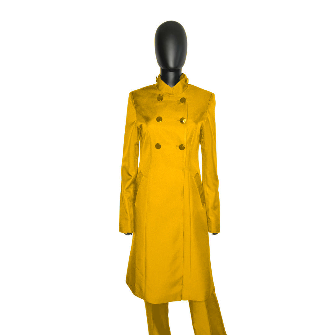 Whole body front view of the Queen three-piece golden glow garment on a mannequin, designed for Muslim sisters in the Nation of Islam who value women's modest clothing.