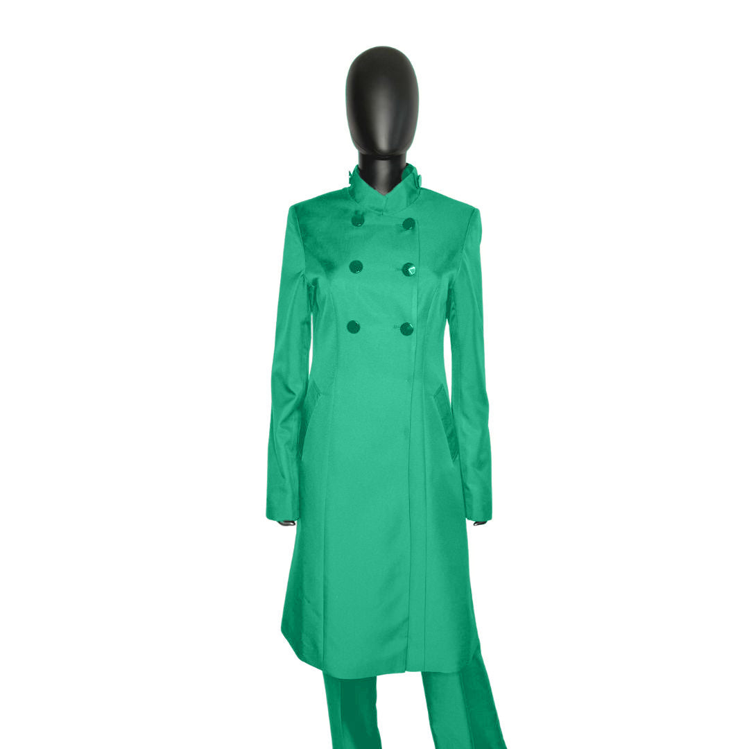 Whole body front view of the Queen three-piece jade glow garment on a mannequin, designed for Muslim sisters in the Nation of Islam who value women's modest clothing.