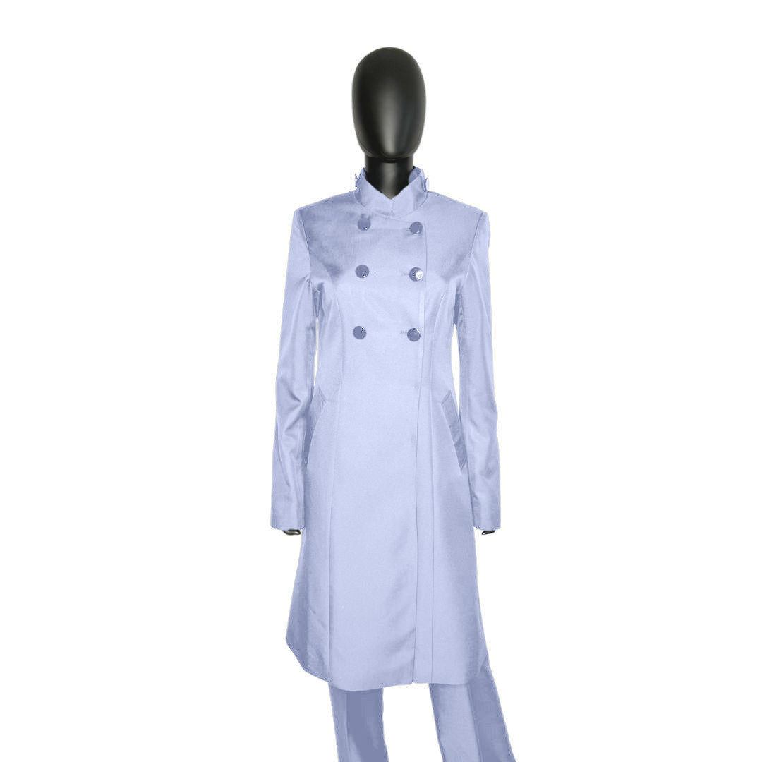 Whole body front view of the Queen three-piece pale periwinkle garment on a mannequin, designed for Muslim sisters in the Nation of Islam who value women's modest clothing.