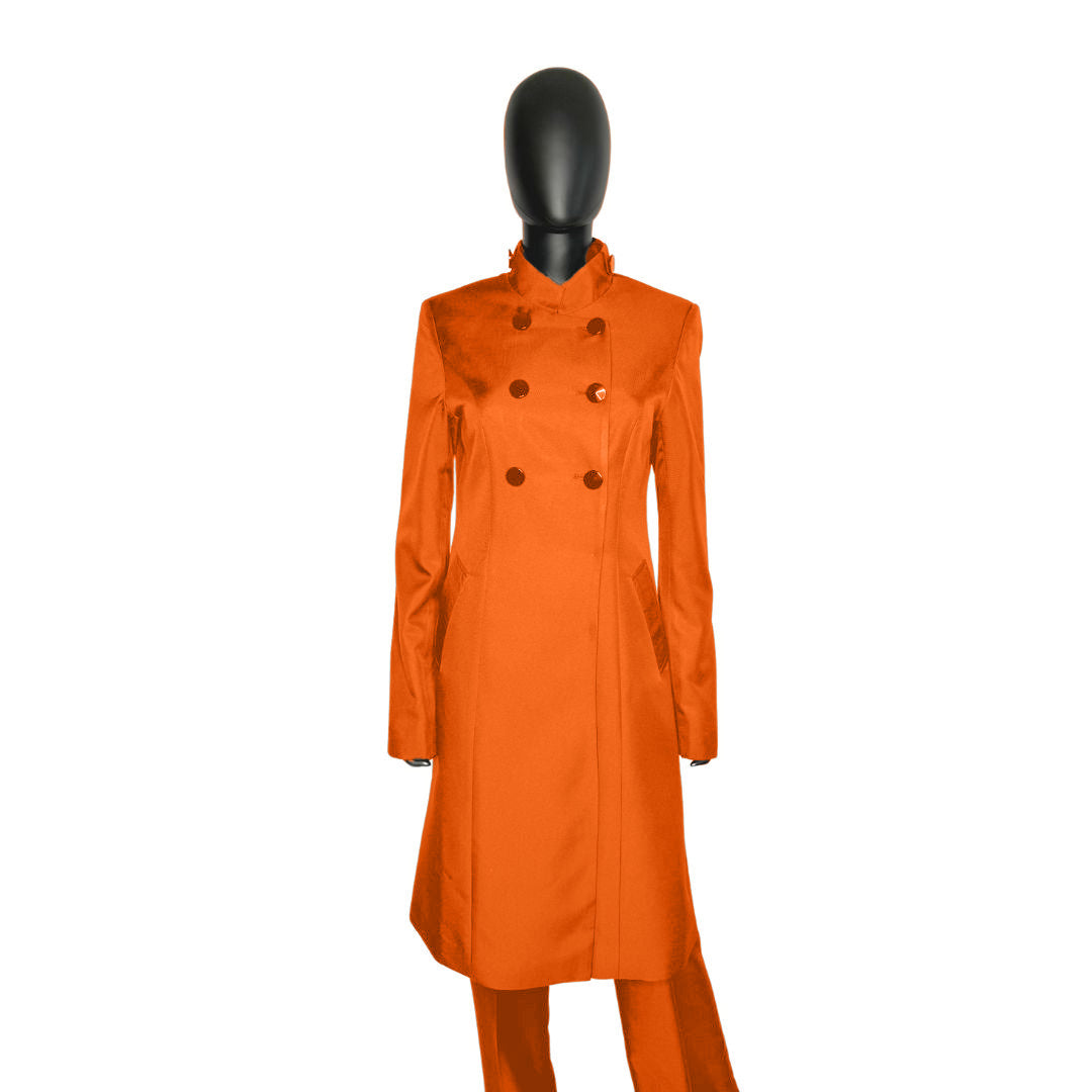 Whole body front view of the Queen three-piece pumpkin spice garment on a mannequin, designed for Muslim sisters in the Nation of Islam who value women's modest clothing.