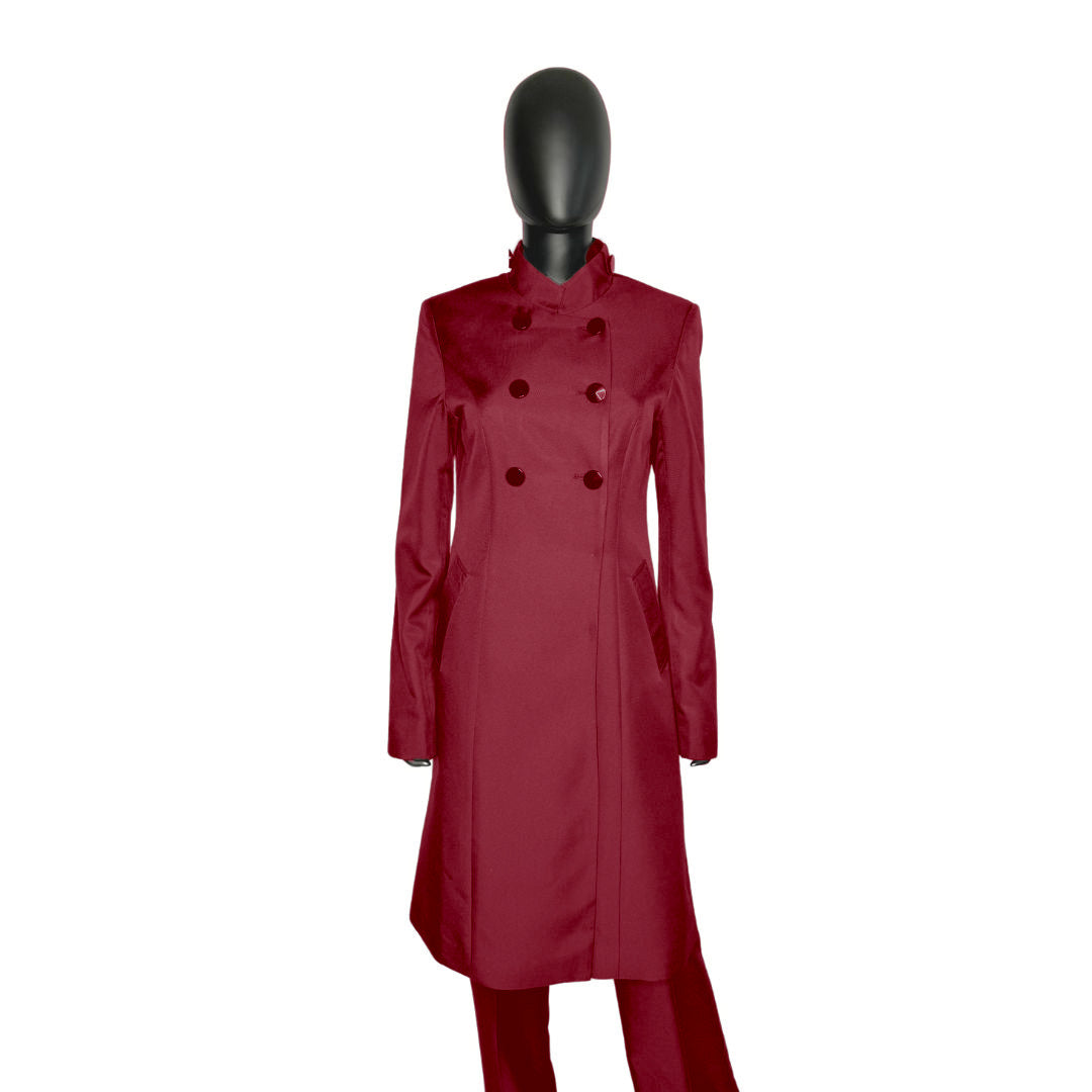 Whole body front view of the Queen three-piece radiant ruby garment on a mannequin, designed for Muslim sisters in the Nation of Islam who value women's modest clothing.