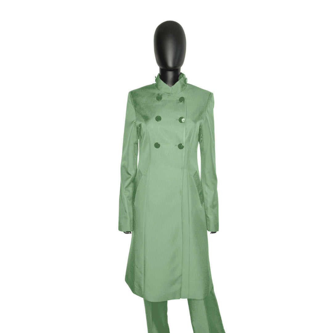 Whole body front view of the Queen three-piece sage serenity garment on a mannequin, designed for Muslim sisters in the Nation of Islam who value women's modest clothing.