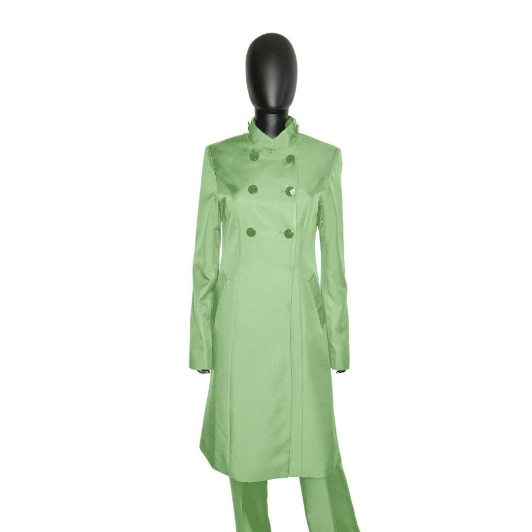 Whole body front view of the Queen three-piece sage whisper garment on a mannequin, designed for Muslim sisters in the Nation of Islam who value women's modest clothing.