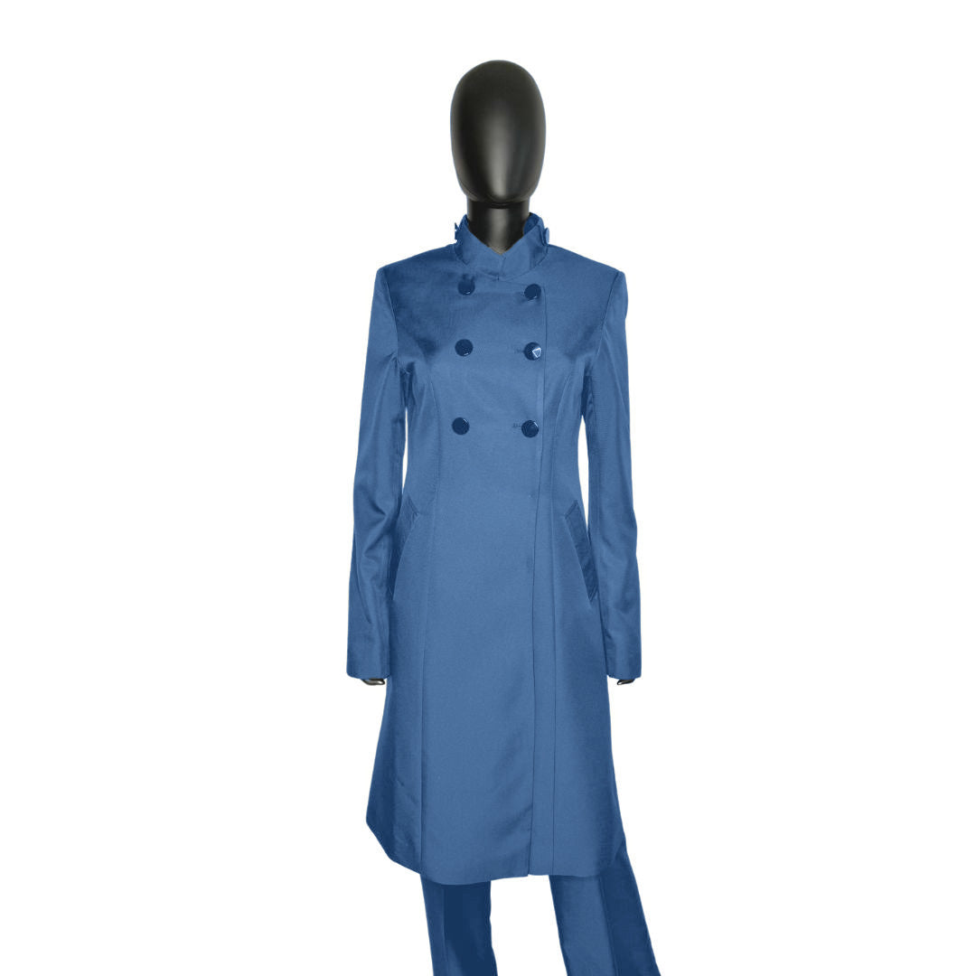 Whole body front view of the Queen three-piece steel blue garment on a mannequin, designed for Muslim sisters in the Nation of Islam who value women's modest clothing.