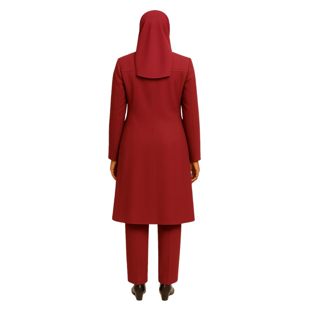 Red coat and pants worn by a person on a white background