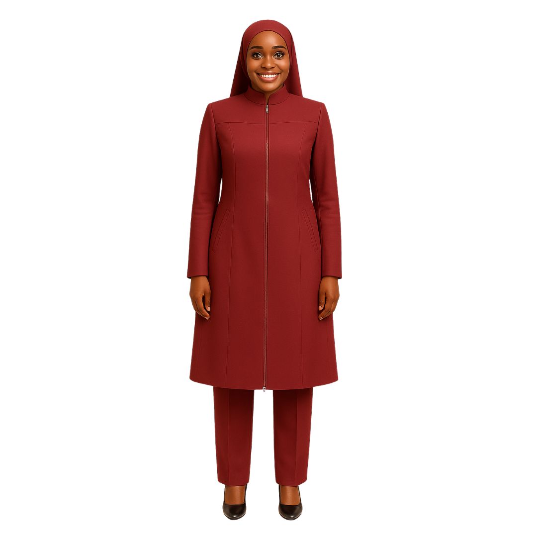 Woman wearing a red outfit with a matching headscarf on a white background