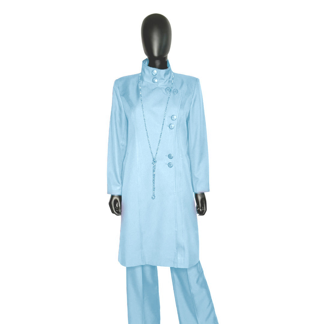 Whole body front view of the Aminah three-piece baby blue garment on a mannequin, designed for Muslim sisters in the Nation of Islam who value women's modest clothing.