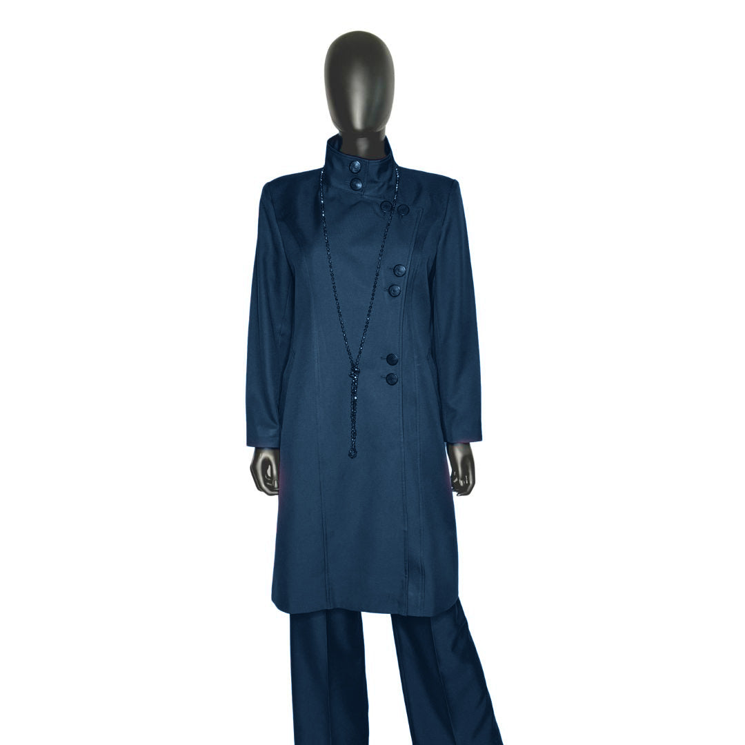 Whole body front view of the Aminah three-piece blue onyx garment on a mannequin, designed for Muslim sisters in the Nation of Islam who value women's modest clothing.