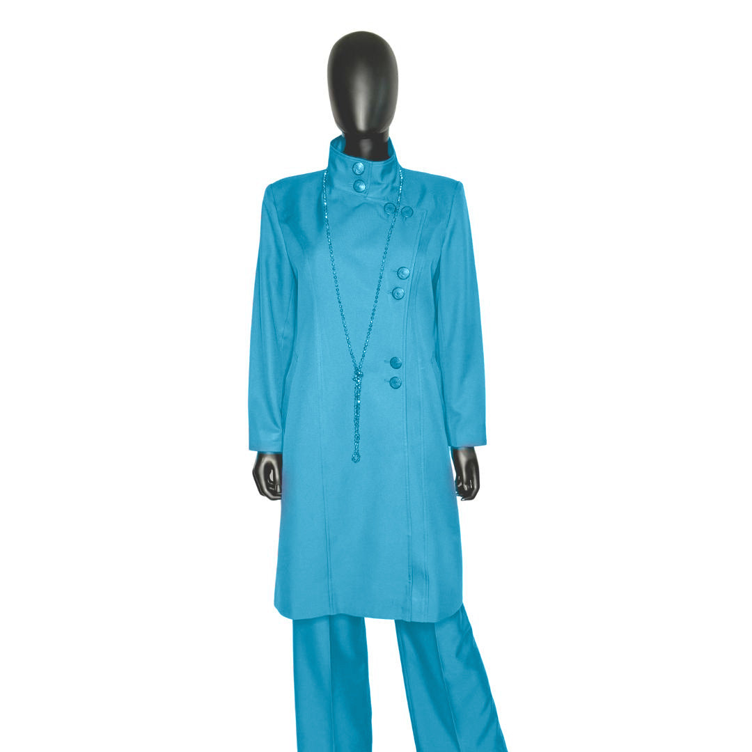 Whole body front view of the Aminah three-piece cerulean wave garment on a mannequin, designed for Muslim sisters in the Nation of Islam who value women's modest clothing.