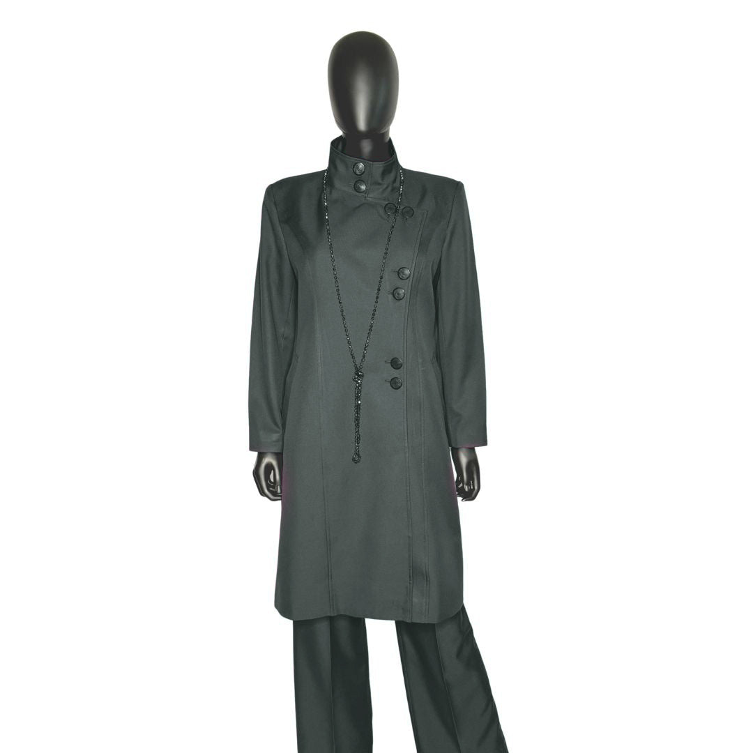 Whole body front view of the Aminah three-piece charcoal grove garment on a mannequin, designed for Muslim sisters in the Nation of Islam who value women's modest clothing.