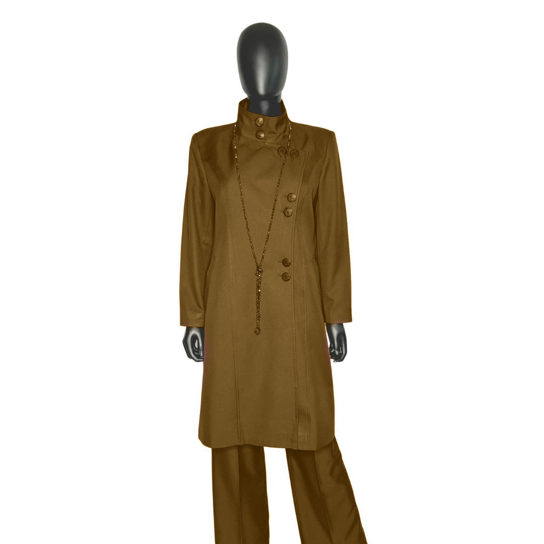 Whole body front view of the Aminah three-piece cocoa dream garment on a mannequin, designed for Muslim sisters in the Nation of Islam who value women's modest clothing.