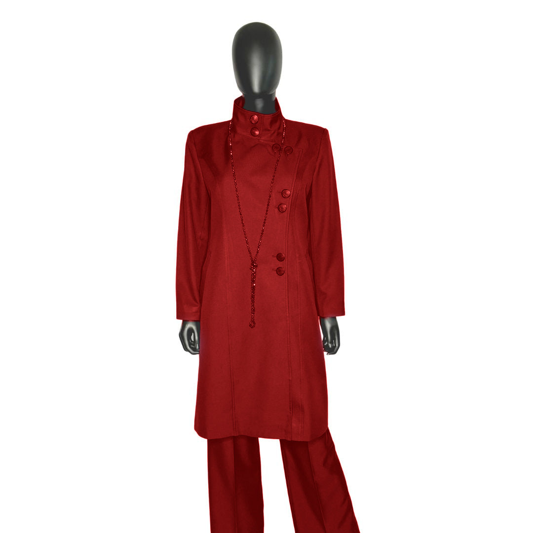 Whole body front view of the Aminah three-piece crimson embrace garment on a mannequin, designed for Muslim sisters in the Nation of Islam who value women's modest clothing.