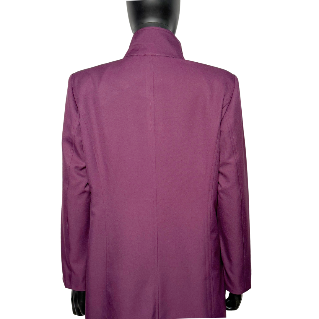 Upper body back view of of the Aminah three-piece dark fuchsia garment on a mannequin, designed for Muslim sisters in the Nation of Islam who value women's modest clothing.