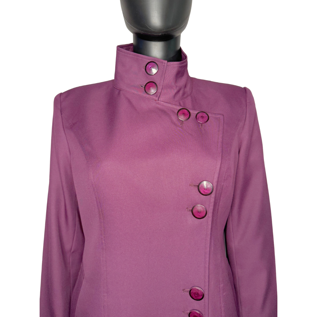 Upper body front view of of the Aminah three-piece dark fuchsia garment on a mannequin, designed for Muslim sisters in the Nation of Islam who value women's modest clothing.