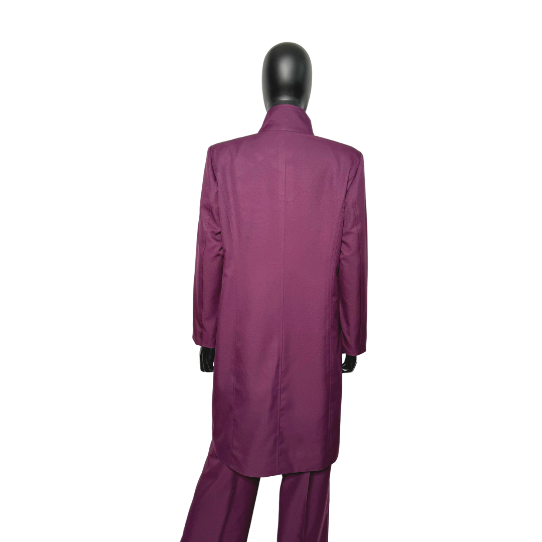 Whole body back view of of the Aminah three-piece dark fuchsia garment on a mannequin, designed for Muslim sisters in the Nation of Islam who value women's modest clothing.