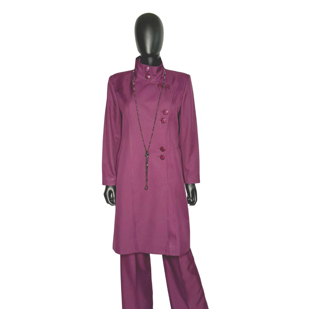 Whole body front view of the Aminah three-piece dark fuchsia garment on a mannequin, designed for Muslim sisters in the Nation of Islam who value women's modest clothing.