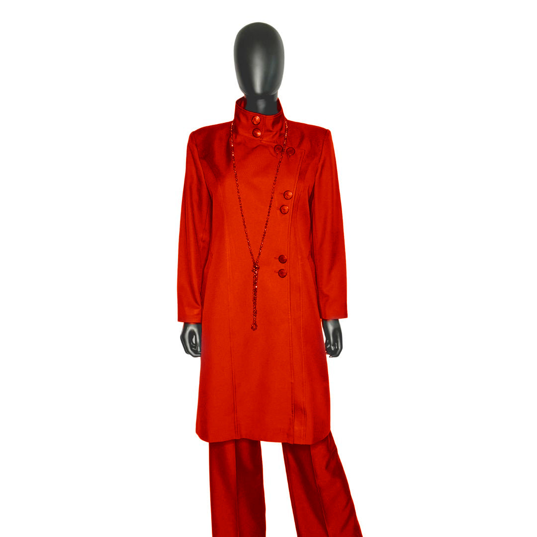 Whole body front view of the Aminah three-piece fiery coral garment on a mannequin, designed for Muslim sisters in the Nation of Islam who value women's modest clothing.