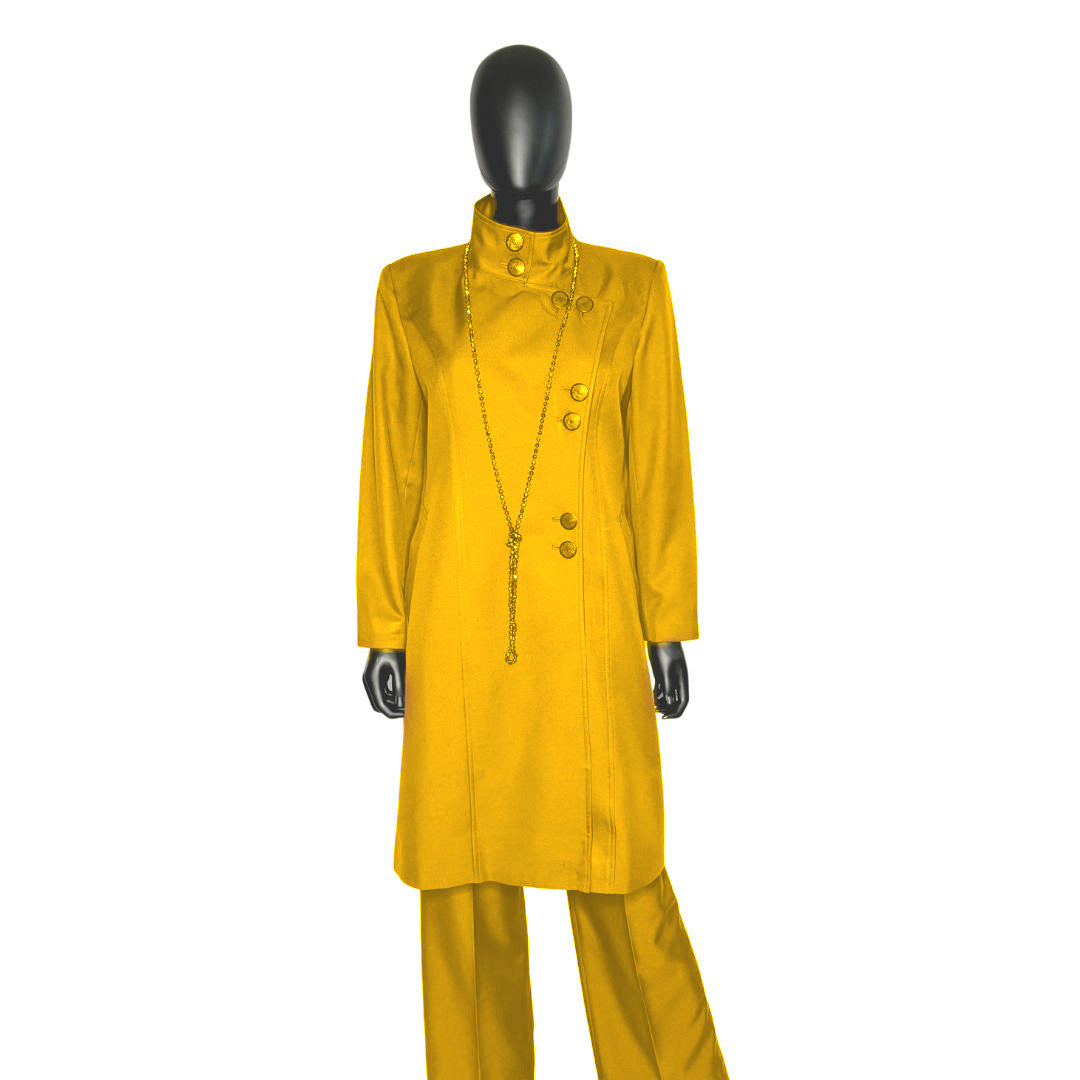 Whole body front view of the Aminah three-piece golden glow garment on a mannequin, designed for Muslim sisters in the Nation of Islam who value women's modest clothing.