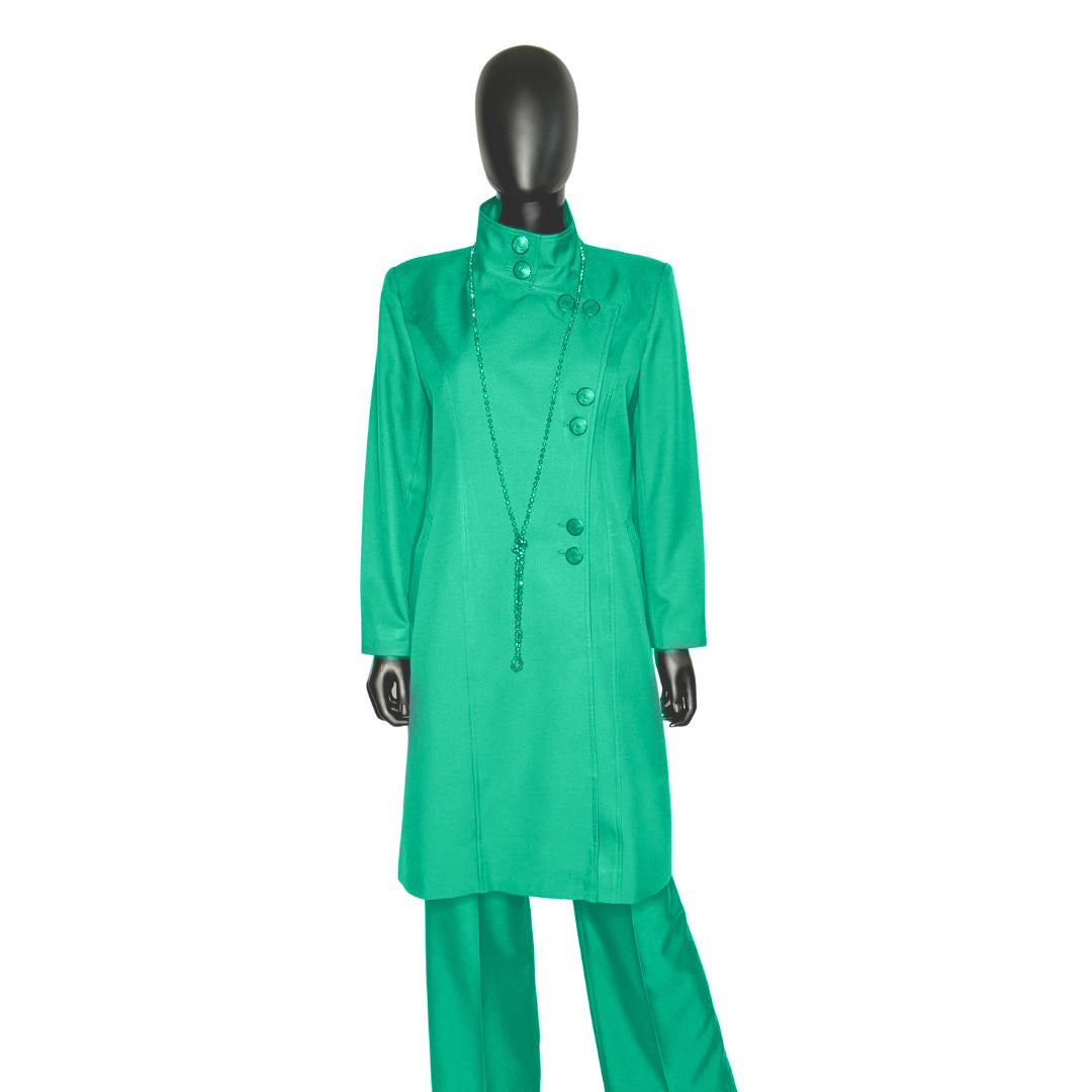 Whole body front view of the Aminah three-piece jade glow garment on a mannequin, designed for Muslim sisters in the Nation of Islam who value women's modest clothing.