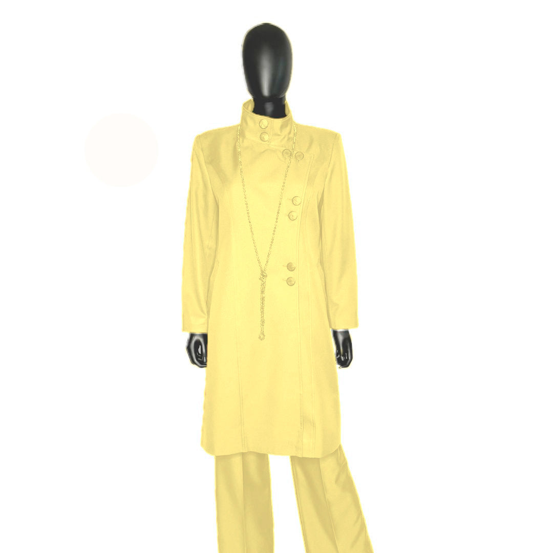 Whole body front view of the Aminah three-piece lemon zest garment on a mannequin, designed for Muslim sisters in the Nation of Islam who value women's modest clothing.