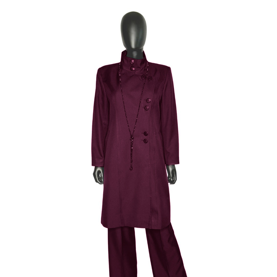 Whole body front view of the Aminah three-piece mystic berry garment on a mannequin, designed for Muslim sisters in the Nation of Islam who value women's modest clothing.