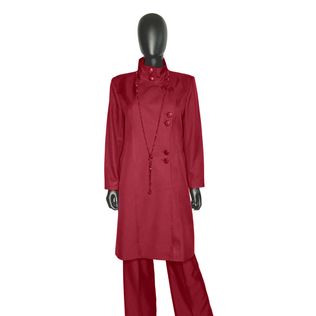 Whole body front view of the Aminah three-piece radiant ruby garment on a mannequin, designed for Muslim sisters in the Nation of Islam who value women's modest clothing.