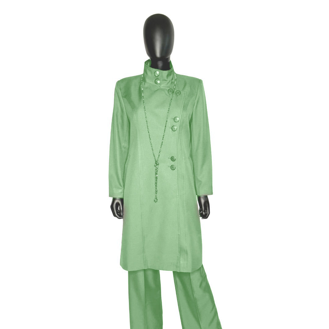 Whole body front view of the Aminah three-piece sage serenity garment on a mannequin, designed for Muslim sisters in the Nation of Islam who value women's modest clothing.