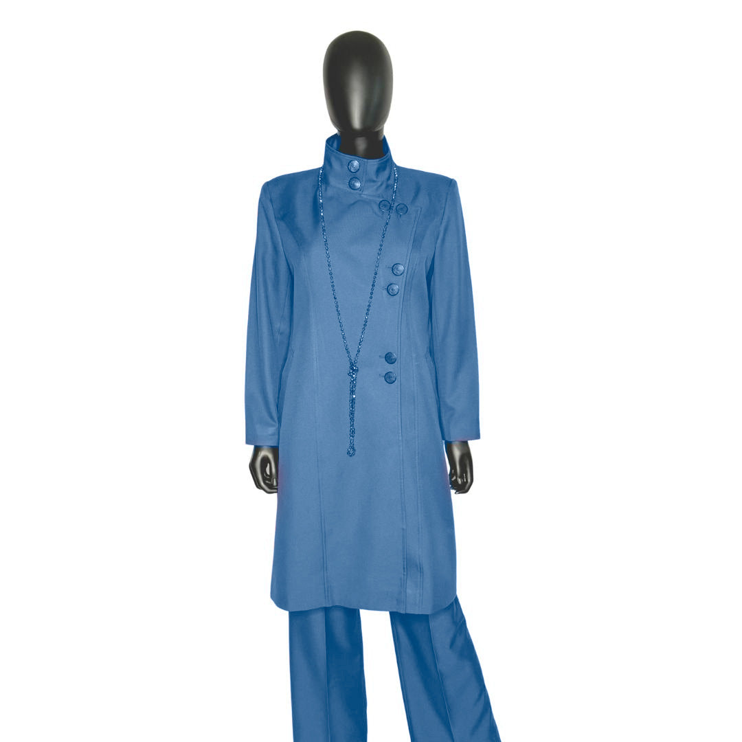 Whole body front view of the Aminah three-piece steel blue garment on a mannequin, designed for Muslim sisters in the Nation of Islam who value women's modest clothing.