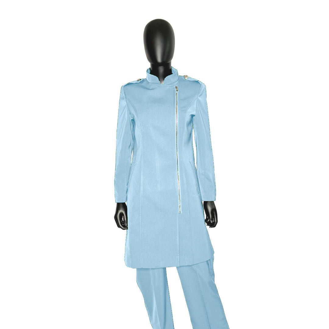 Whole body front view of the Aneesah three-piece baby blue garment on a mannequin, designed for Muslim sisters in the Nation of Islam who value women's modest clothing.