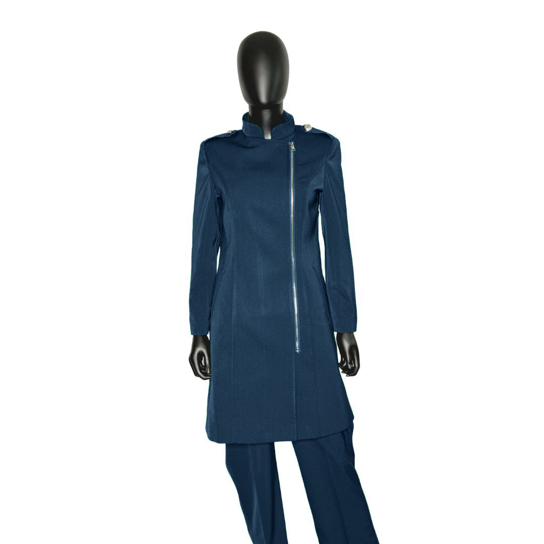 Whole body front view of the Aneesah three-piece blue onyx garment on a mannequin, designed for Muslim sisters in the Nation of Islam who value women's modest clothing.