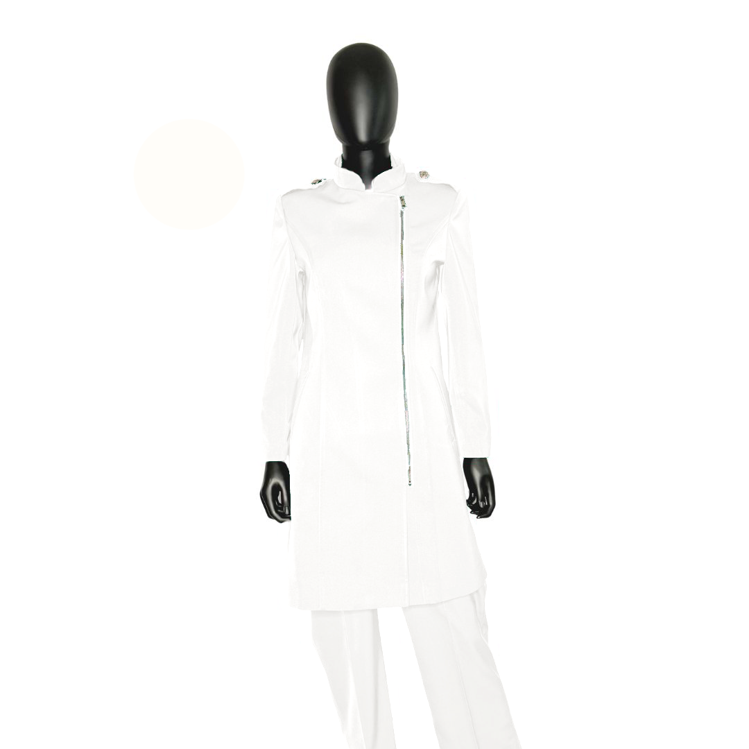 Whole body front view of the Aneesah three-piece brilliant white garment on a mannequin, designed for Muslim sisters in the Nation of Islam who value women's modest clothing.