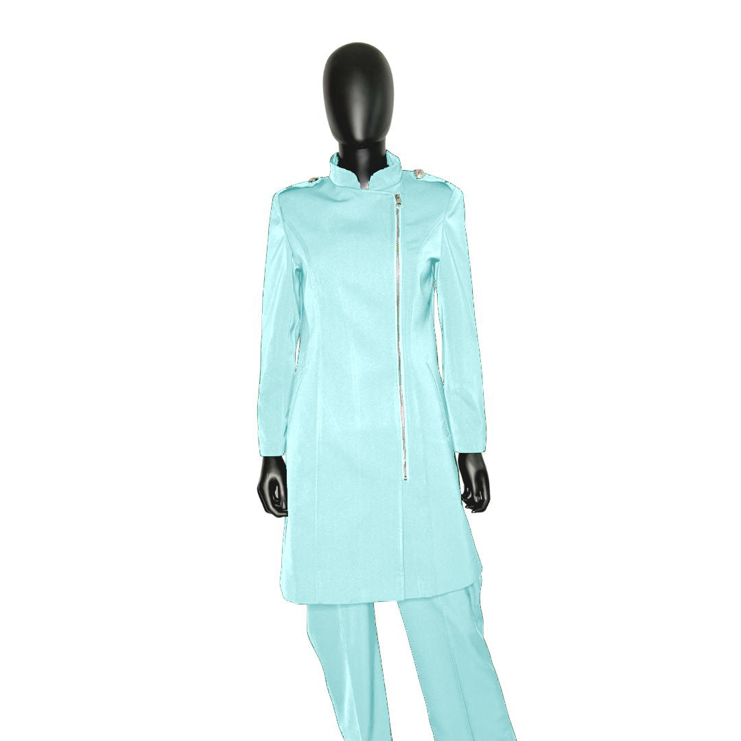 Whole body front view of the Aneesah three-piece calm waters garment on a mannequin, designed for Muslim sisters in the Nation of Islam who value women's modest clothing.