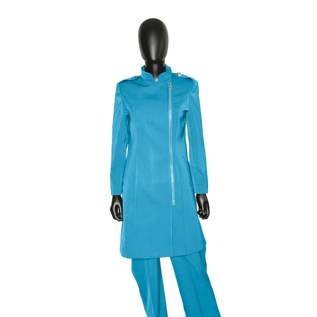 Whole body front view of the Aneesah three-piece cerulean wave garment on a mannequin, designed for Muslim sisters in the Nation of Islam who value women's modest clothing.