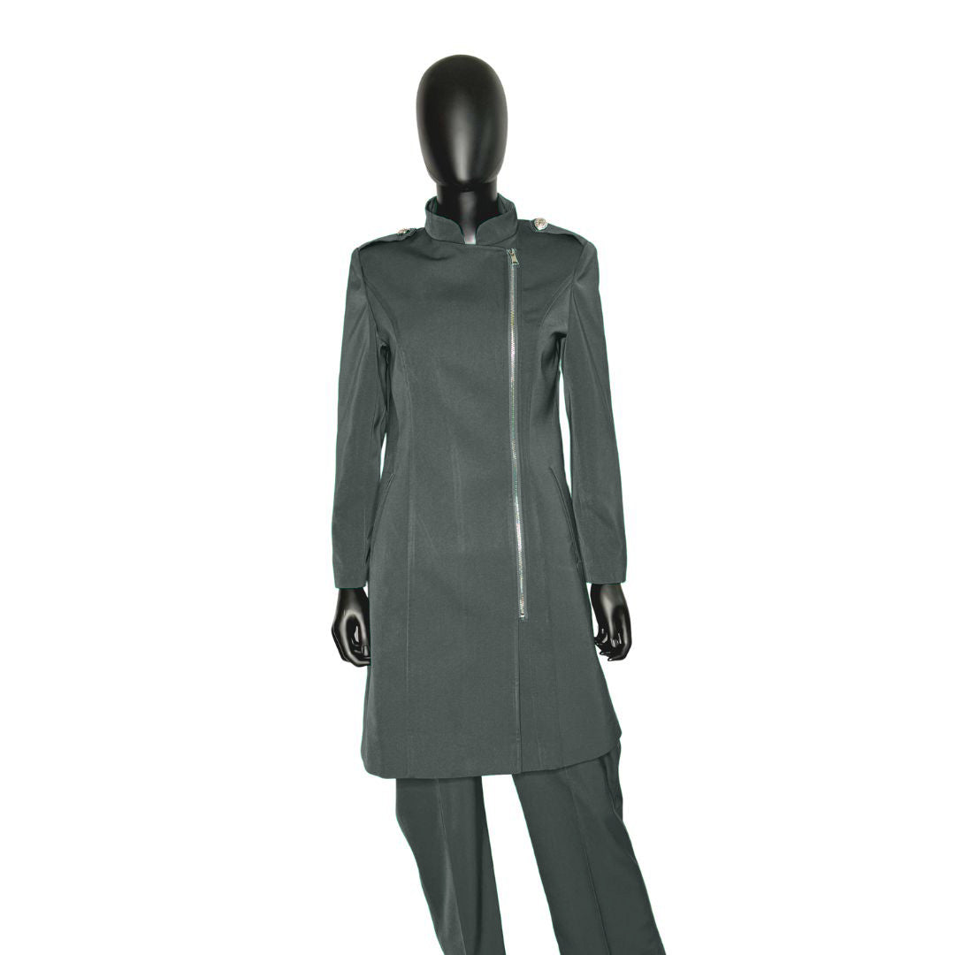 Whole body front view of the Aneesah three-piece charcoal grove garment on a mannequin, designed for Muslim sisters in the Nation of Islam who value women's modest clothing.