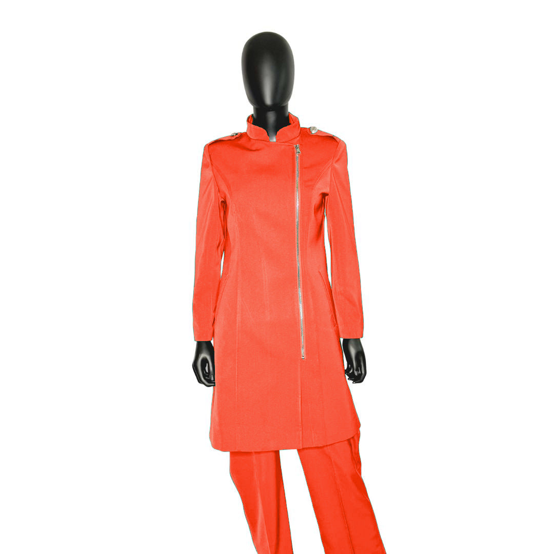 Whole body front view of the Aneesah three-piece coral blaze garment on a mannequin, designed for Muslim sisters in the Nation of Islam who value women's modest clothing.